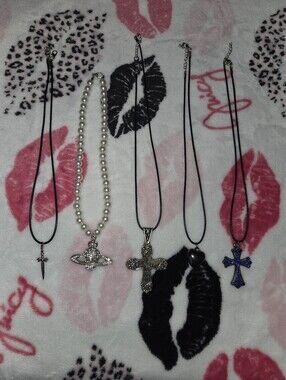 Y2k Mixed Cross & Pendant Necklace Set Black Cord with Pearls and Silver Accents